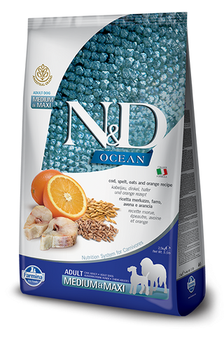 Farmina Ocean N&D Natural & Delicious Medium & Maxi Adult Cod, Spelt, Oats & Orange Dry Dog Food - Zen Dog RI
